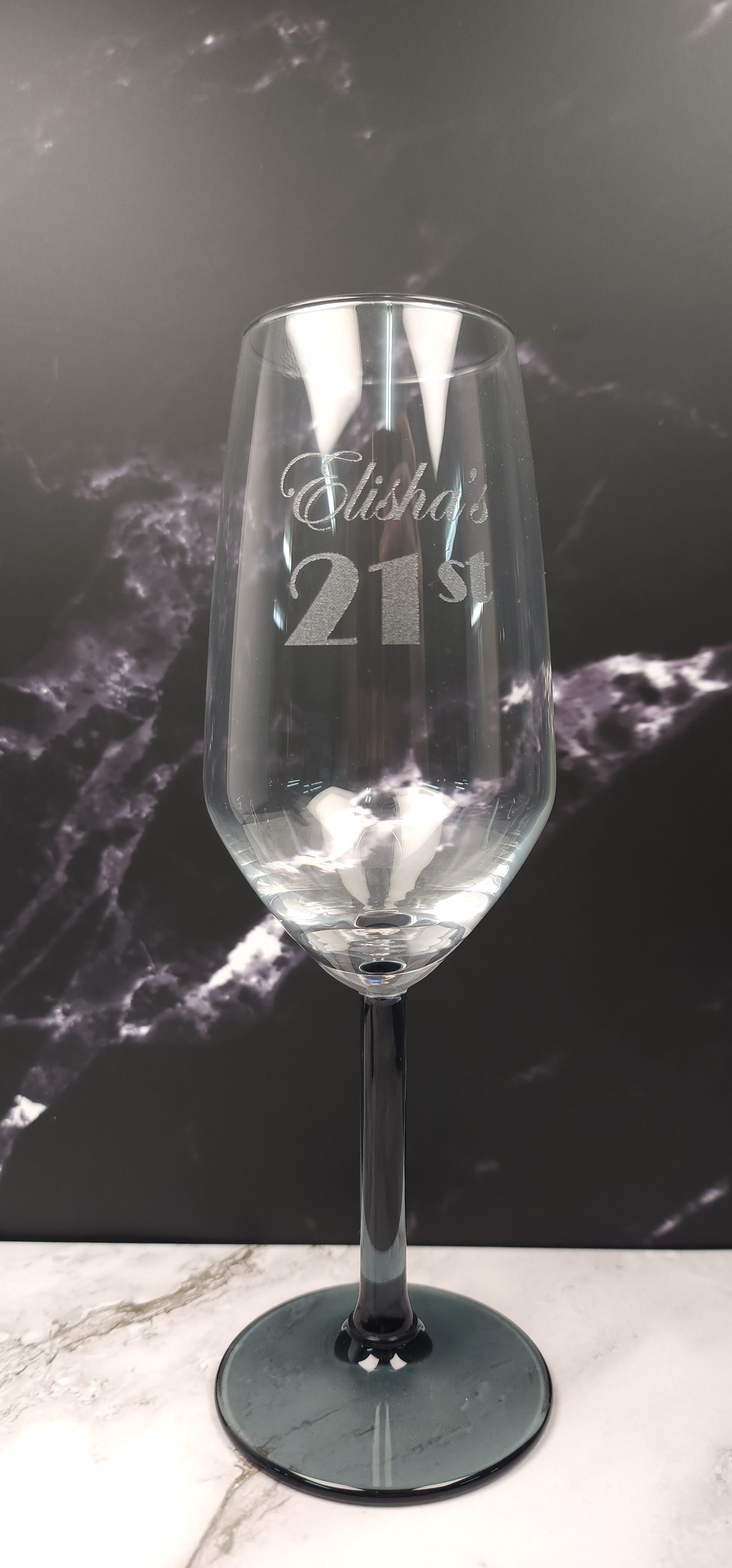Champagne Glass With Blue Stem-Engraved with name