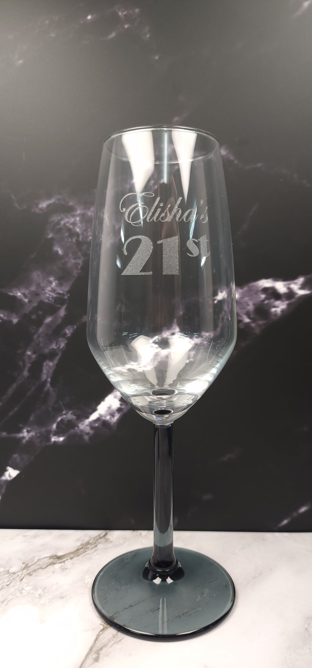 Champagne Glass With Blue Stem-Engraved with name