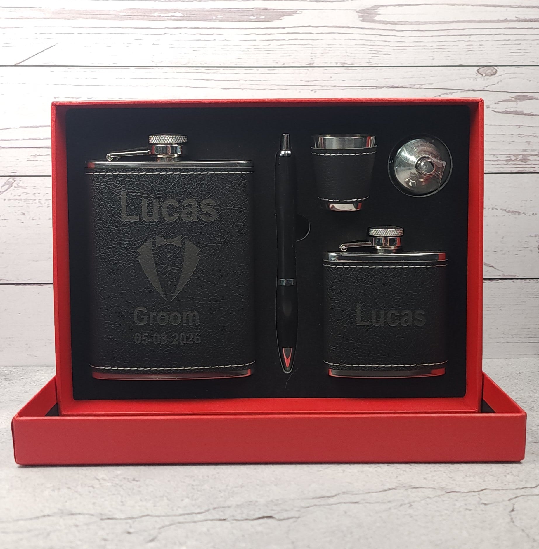 Personalised Black Faux Leather Stainless Steel 8 oz hip flask